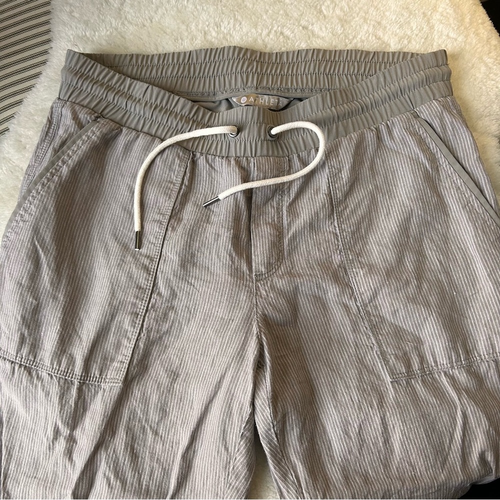 Athleta Linen Pants Neutral Stripe- travel, beach, elevated athleisure